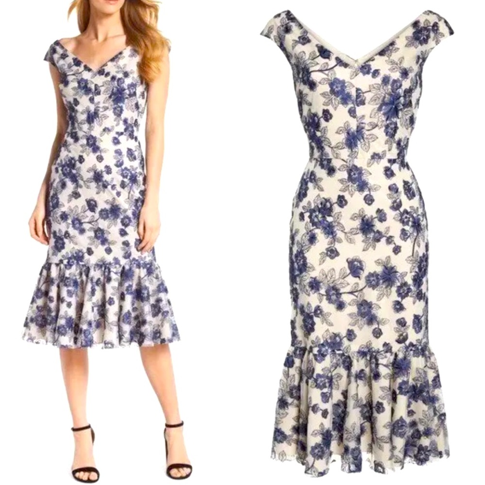 Gal Meets Glam Rosemary Floral Embroidered Flounce Midi Dress